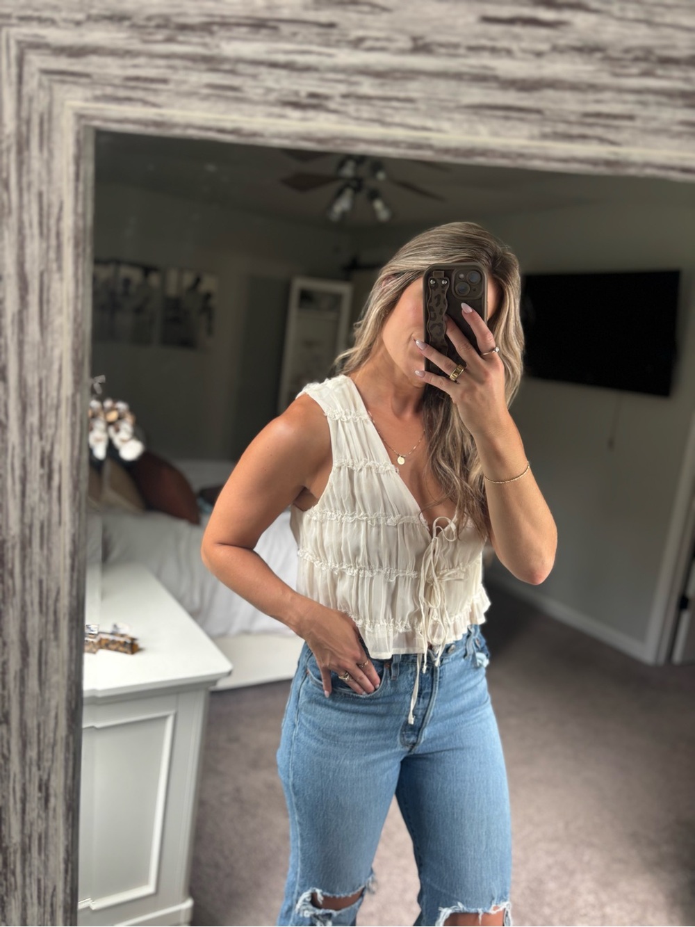 Vici Cream Ruffled Tie-Front Sleeveless Top